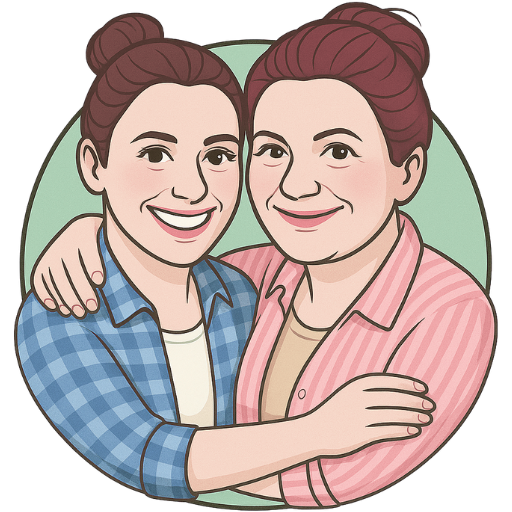 Cartoon-style image of a smiling woman hugging her mom, both wearing checkered shirts.